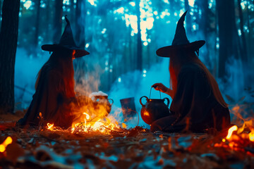 Mysterious witches brewing potions in a dark and enchanted forest Close up