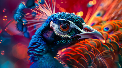 The vibrant beauty of a peacock portrayed in a futuristic art piece Close up