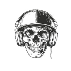 Graphic depiction of a skull performing breakdance moves while listening to music with headphones