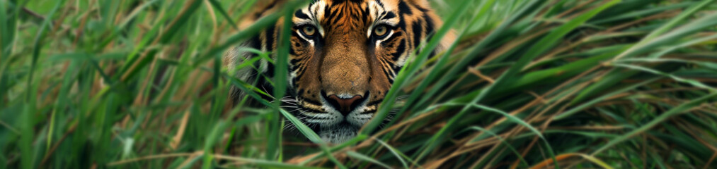  Tigre na grama verde - Panorâmico - obrazy, fototapety, plakaty