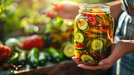 Person holding a jar of pickled vegetables - Powered by Adobe