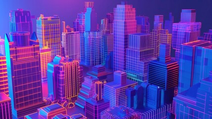 Duże cyfrowe miasto wypełnione wysokimi budynkami w stylu neon cyberpunk - obrazy, fototapety, plakaty