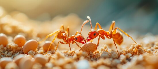 Macro close up of an ant colony with multiple ants working together on the ground