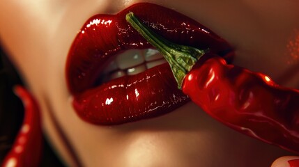 Kobieta z krwistą szminką z ostrym chili na ustach - obrazy, fototapety, plakaty