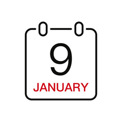 January 9 date on the calendar, vector line stroke icon for user interface. Calendar with date, vector illustration.
