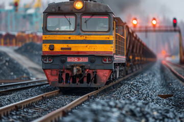 Fototapeta premium A vibrant heavy freight train moving on tracks with industrial background under overcast sky