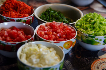 Chopped vegetables - peppers, onions, carrots, tomatoes in separate plates