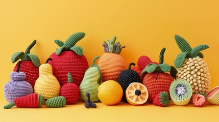 Grupa zrobionych na drutach owoców i warzyw jest starannie ułożona na żółtym tle. Różnorodne kształty i kolory wyróżniają się na tym jasnym tle.