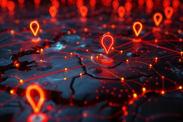 3D digital map with red location pins and glowing lines on a dark background.
