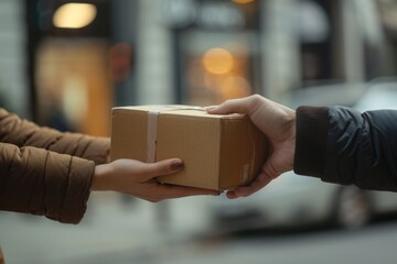 Close up of hands exchanging a cardboard package.