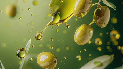 Advertising shot of flying olive plants, olives and fresh olive oil in the air with olive leaves on solid green background