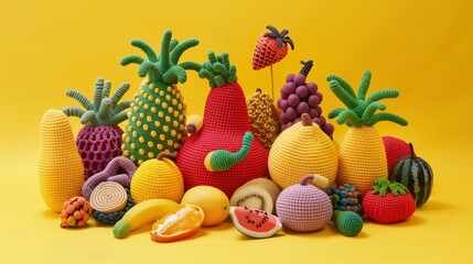Na żółtym tle znajduje się grupa wydzierganych owoców i warzyw, wykonanych ręcznie z...