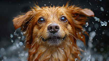 Dog shakes off water studio photo black background