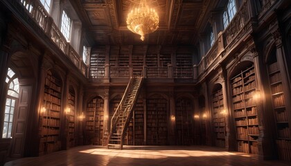 Fototapeta na wymiar Highly Detailed Illustration Of A Grand Library With Floor To Ceiling Bookshelves Ornate Ladders And Ancient Books With Ethereal Glowing Titles (3)