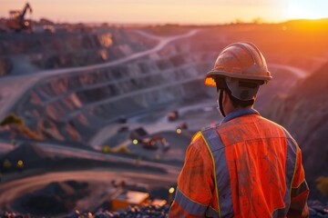 Worker in high visibility gear overlooking a mine at sunset.