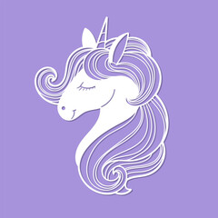 Cartoon unicorn head. Template for laser cutting from paper, wood, cardboard, metal. For designing decor for a girl's room, cards, stencils, Christmas tree decorations, stickers, etc. Vector