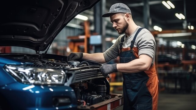 The proficient auto repair master showcases precision and expertise as they diligently repair a car engine at the forefront of the auto service, ensuring top-quality automotive care.
