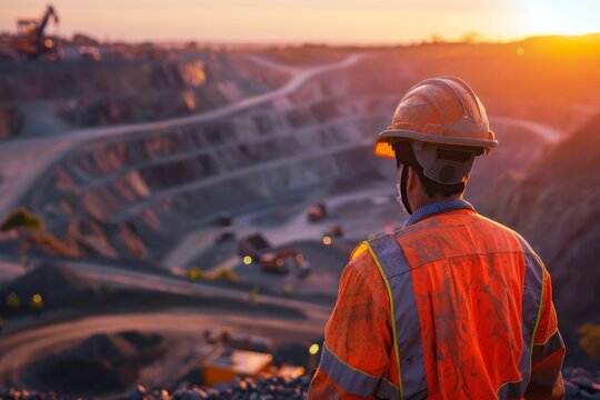 Worker in high visibility gear overlooking a mine at sunset.