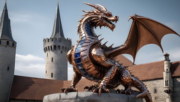 Hyper Realistic Image Of An Intricate Mechanical Dragon With Scales Made Of Polished Copper And Sapphire  Coiled Around A Medieval Tower (3)