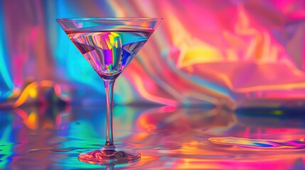 Szklanka Martini stoi na tęczowej folii, a światło odbija się od powierzchni tekstury. - obrazy, fototapety, plakaty