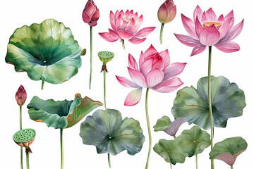 3d set of white and pink lotus flowers, stems and leaves for advertising and invitations vector illustration