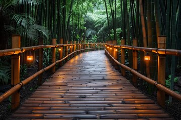 Fototapeta premium An enticing image of a bamboo pathway warmly lit with traditional lanterns, offering a sense of guidance and tranquility