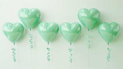 Na czystej białej ścianie zawisła grupa balonów w kształcie serca w kolorze miętowym,...