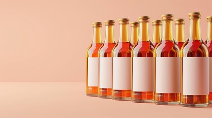 W rzędzie ustawione są butelki wina z etykietami na spokojnym tle. Etykiety są puste, gotowe do oznaczenia odpowiednimi informacjami.