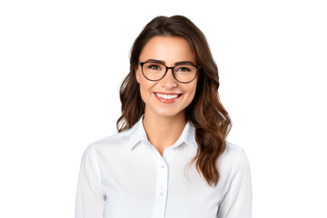 Obraz premium Studio portrait of a beautiful young Caucasian Americana business woman wear glasses and casual shirt with an attractive smile, isolated on transparent png background.