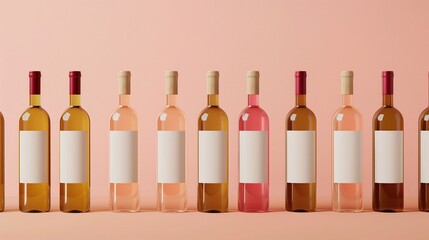 Na różowym tle ustawiona jest rząd butelek wina z pustymi etykietami. Butelki są ułożone równomiernie, tworząc elegancki i kolorowy obraz.