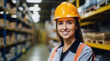 Amidst the industrial setting of the warehouse, a woman in work clothes and a helmet stands tall, epitomizing determination and commitment to her craft.