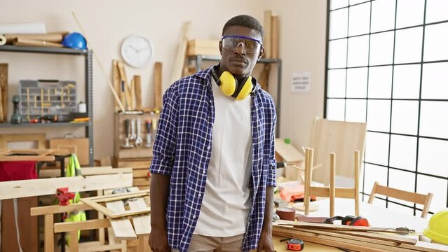 Confident man in glasses and ear protection poses in a workshop setting surrounded by carpentry tools and wood.