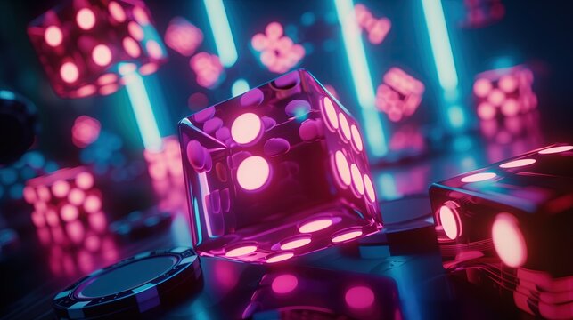 Grupa neonowych kostek do gry w kolorze magenta.