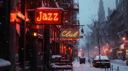 Zimową ulicę miasta, na której znajduje się świecący neonowy znak klubu jazzowego. Światła...