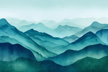 Fototapete Rund Gradient blue mountain background. Minimal landscape art with watercolor brush line art grunge oil painting texture. Abstract art wallpaper for prints, Art Decoration, wall arts and canvas prints. © Pickoloh