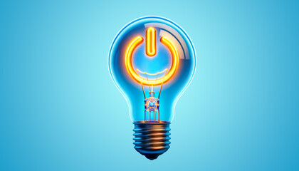 Illuminated Power Icon in Bulb for global Earth Hour on blue background. Energy conservation, environmental awareness, climate change
