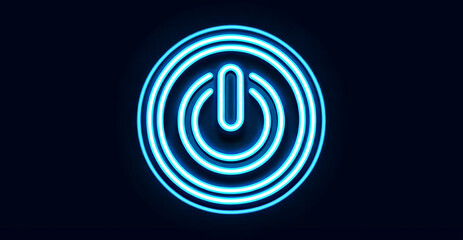 A striking neon power button symbol glowing in blue and white against a dark backdrop, representing technology and energy
