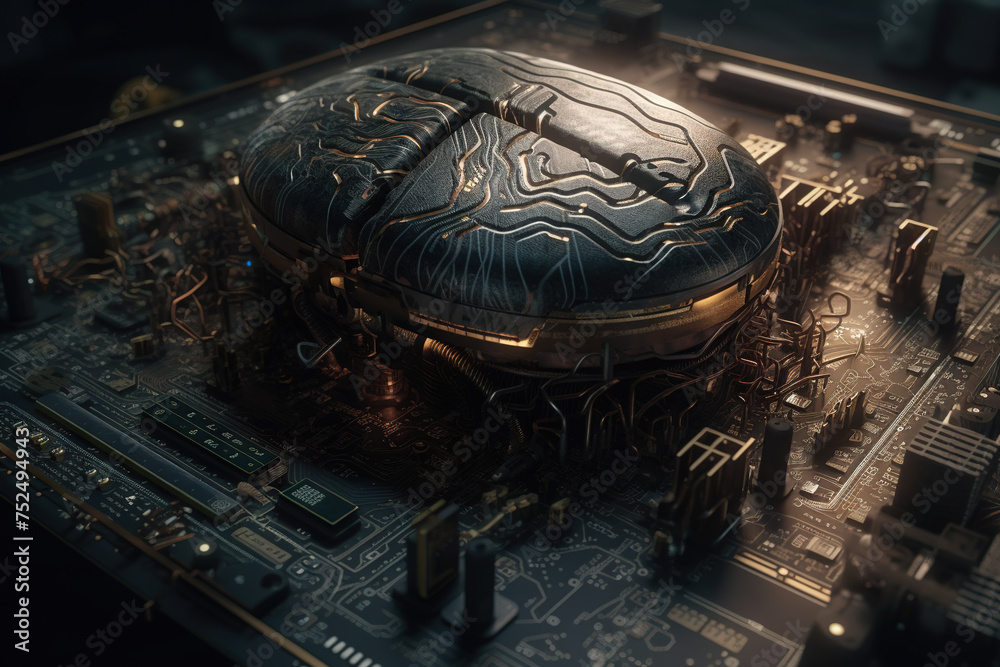 Poster Artificial intelligence science concept with technological AI brain on the circuit board.