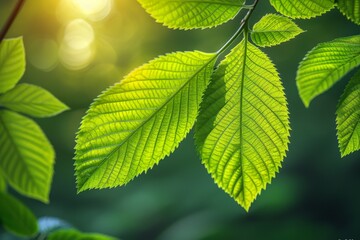 Fototapeta na wymiar Close-up of fresh green leaves with sunlight filtering through, highlighting the intricate vein patterns