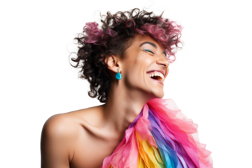 Portrait shot of Young joyful Gay man with colorful lgbt dress isolated on transparent background, Gay transgender smile and posing with trendy lifestyle.