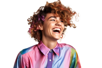 Portrait shot of Young joyful Gay man with colorful lgbt dress isolated on transparent background, Gay transgender smile and posing with trendy lifestyle.