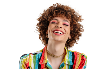 Portrait shot of Young joyful Gay man with colorful lgbt dress isolated on transparent background, Gay transgender smile and posing with trendy lifestyle.