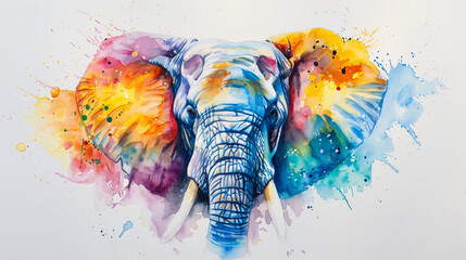 Elephant watercolor portrait multicolored paints