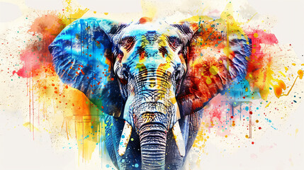 Elephant watercolor portrait multicolored paints