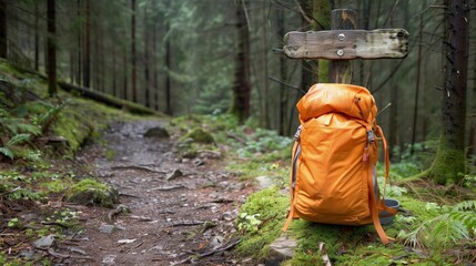 Plecak o pomarańczowym kolorze leży na szczycie bujnego lasu. Położony niedaleko  słupka wskazującego szlak w lesie. - obrazy, fototapety, plakaty