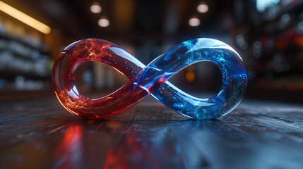 Red and Blue Infinity Symbol Made of Glass, Generative AI.