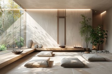 Modern Zen style meditation space with wooden elements and green plants. 3D render of peaceful interior design with natural light and garden view. Wellness and mindfulness concept