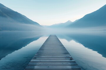 Wooden pier extending into calm lake with misty mountains in the background during sunrise. Landscape photography with copy space. Serenity and nature concept for design and print
