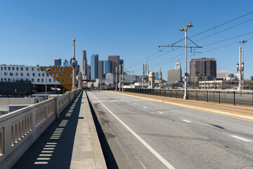 Downtown Los Angeles 1st Street bridge and skyline in Southern California.