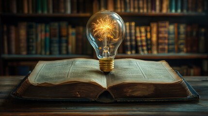 light bulb glowing on the book, the idea of ​​inspiration from reading, innovation idea concept, Self-learning or education knowledge, and business studying concept.